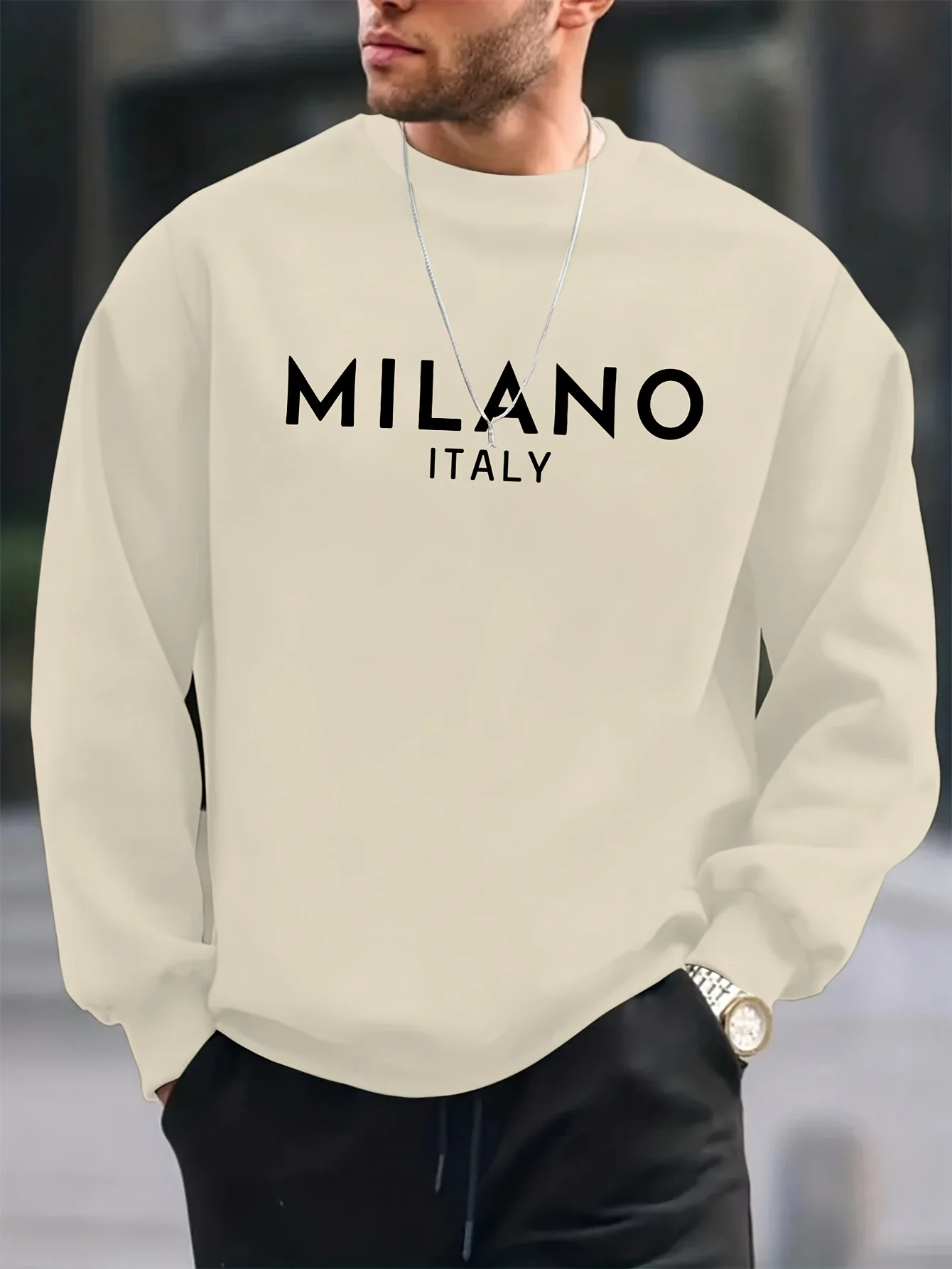 

Men's autumn and winter fashionable casual loose MILANO ITALIA print fleece pullover long sleeved round neck sweatshirt