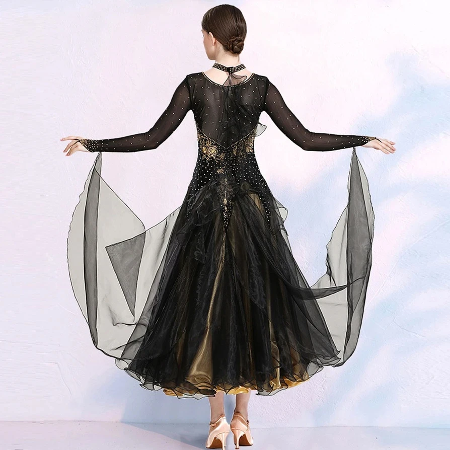 Black Floating Sleeves Sequins Ballroom Dance Competition For Women Dance Wear Waltz Dress Ball Gown Rumba Dance Costumes