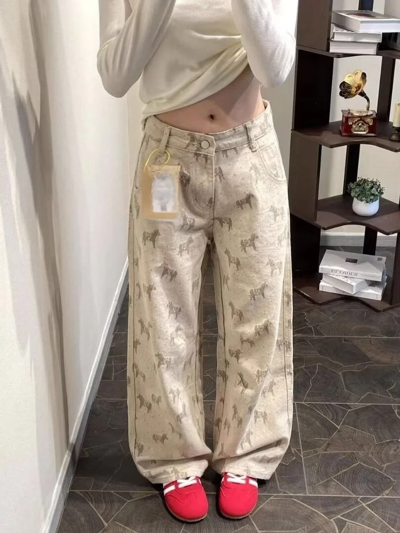 American Retro Print Wide Leg Denim Jeans High Waist Loose Straight Floor-Length Pants Women's Autumn New Design Sense