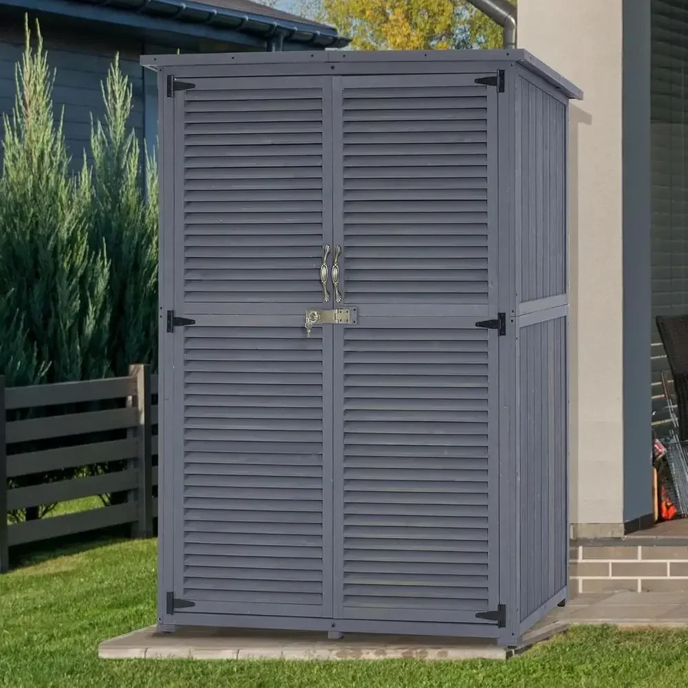 Large Grey Wooden Outdoor Storage Shed with 2 Doors for Garden Tools and Patio Yard Lawn