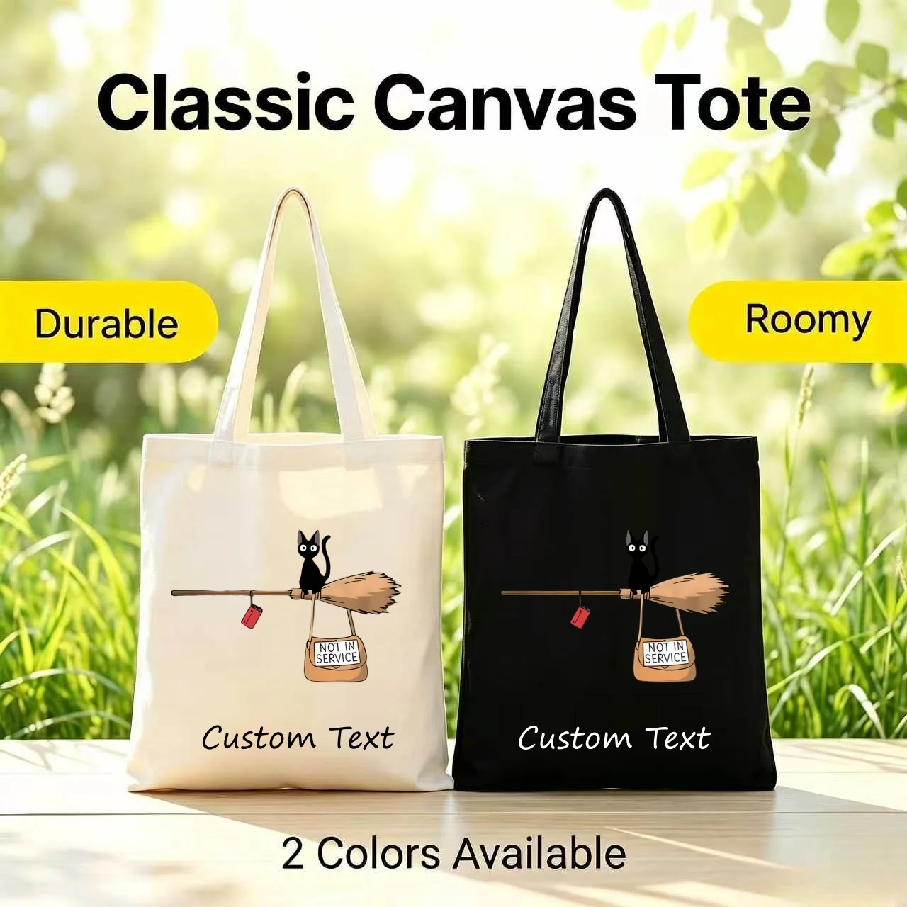 Custom Text Canvas Tote Bag Cute Black Cat On Broom NOT IN SERVICE Print Reusable Shoulder Bag Personalized Gift