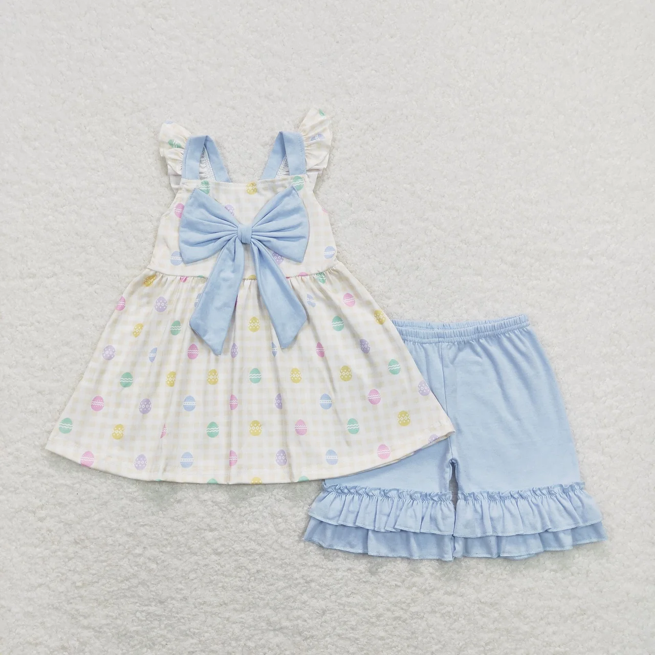 

Wholesale Kids Easter Set Children Short Sleeves Bow Eggs Tunic Toddler Outfit Baby Girl Blue Cotton Ruffle Shorts Clothing