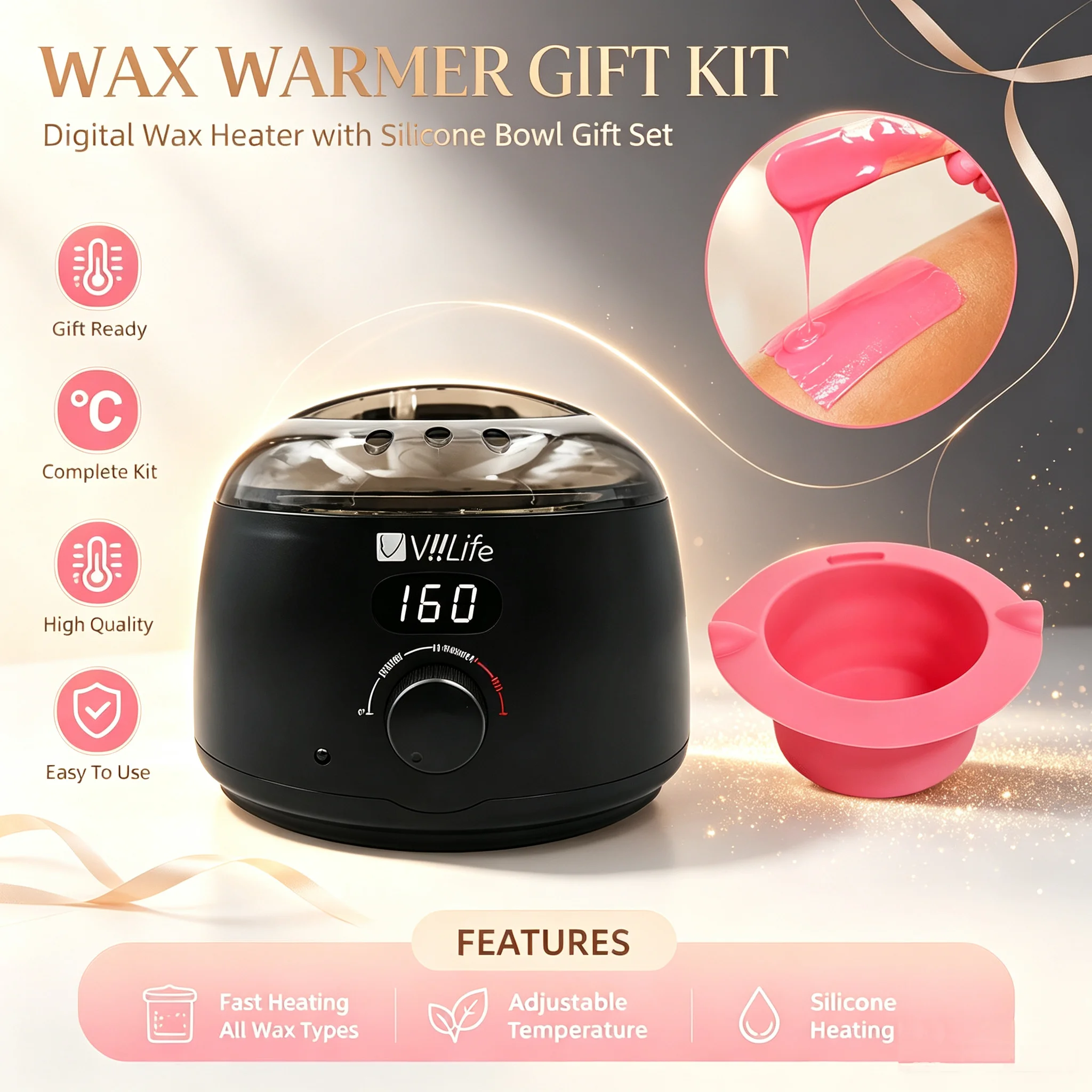 Viilife Digital Wax Warmer Gift Kit, Adjustable Temp with Removable Silicone Bowl, Fast Melt All Wax for Home Salon