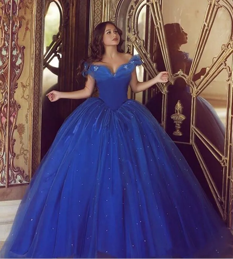 Cinderella Royal Blue Quinceanera Dresses Ball Gown Off The Shoulder Puffy Tulle Beaded Party Sweet 16 Dress