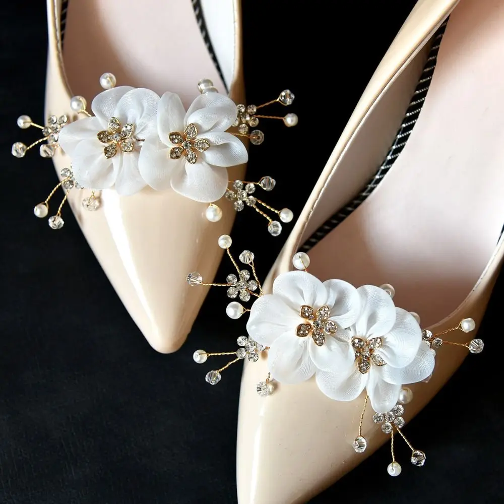 1PC Wedding Shoes Decorations High Heel Pearl Shoes Clip Women Bride Decoration Golden Flowers Shiny Decor Clips Charm Buckle