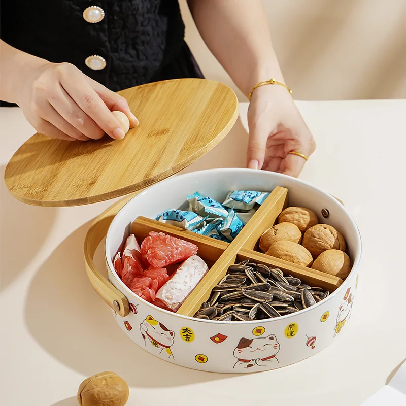 

Nordic ceramic portable compartment fruit tray with lid New Year's living room home snack storage dried nut