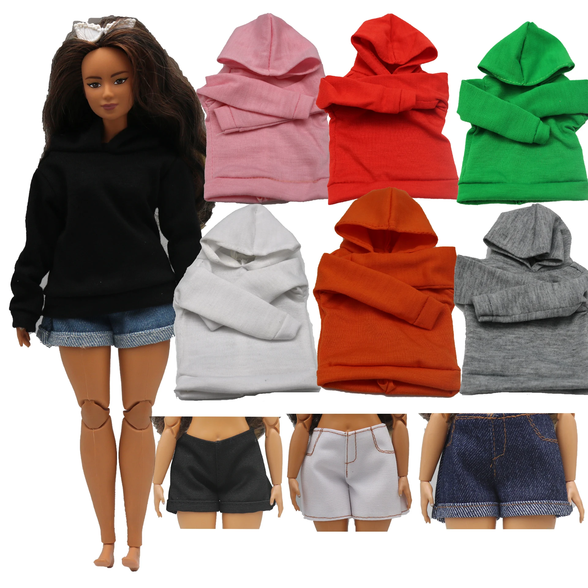 New 30cm 1/6 Doll jeans shorts long sleeves simple and loose hoodie set Daily Wear Clothes for curvy Barbies doll Accessories