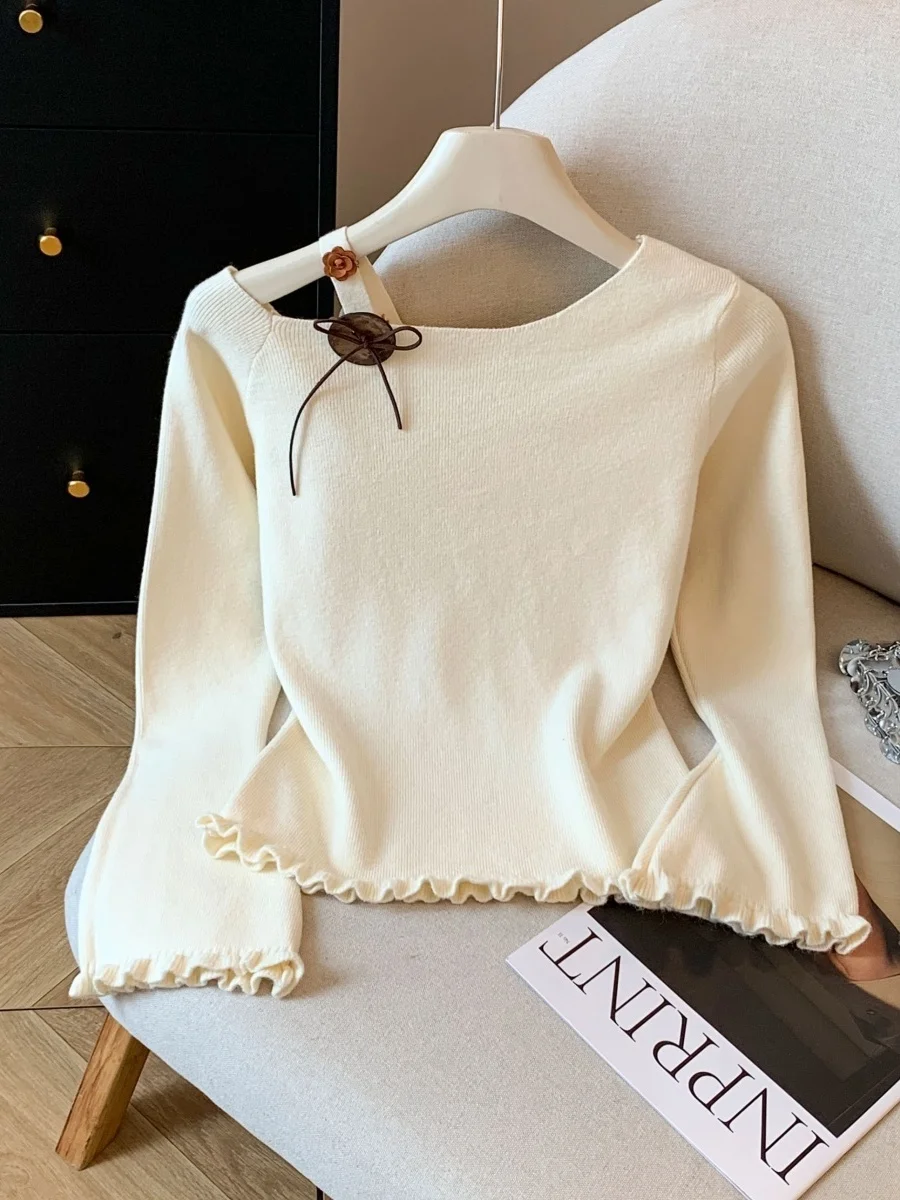 

Корейский трикотажный топ с открытыми плечами, облегающий, для женщин, осенний, повседневный, на каждый день