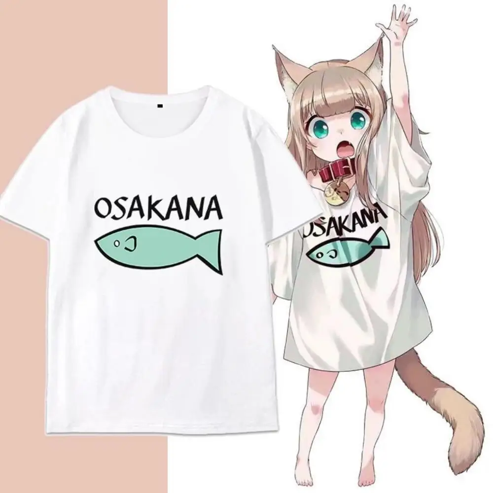 40hara Nekomimi Cat Girl Graphic T-shirt, Japanese Anime Kinako Cosplay Short Sleeve Tee, Unisex Summer 2D Anime Merch Casual To