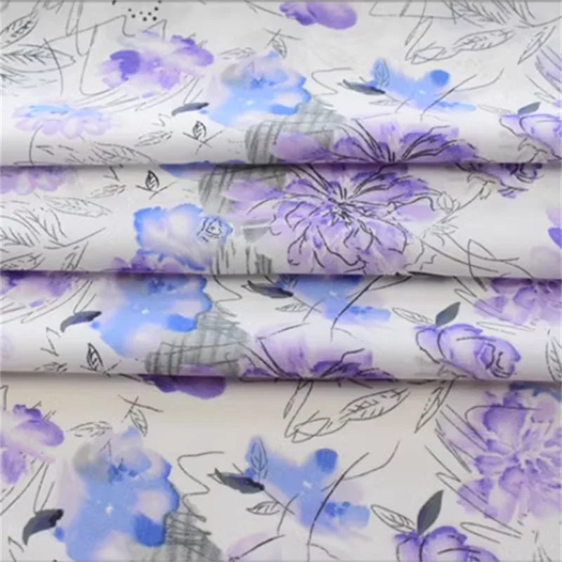 Purple floral ice silk chiffon fabric, spring and summer printed fabric, opaque, soft and smooth