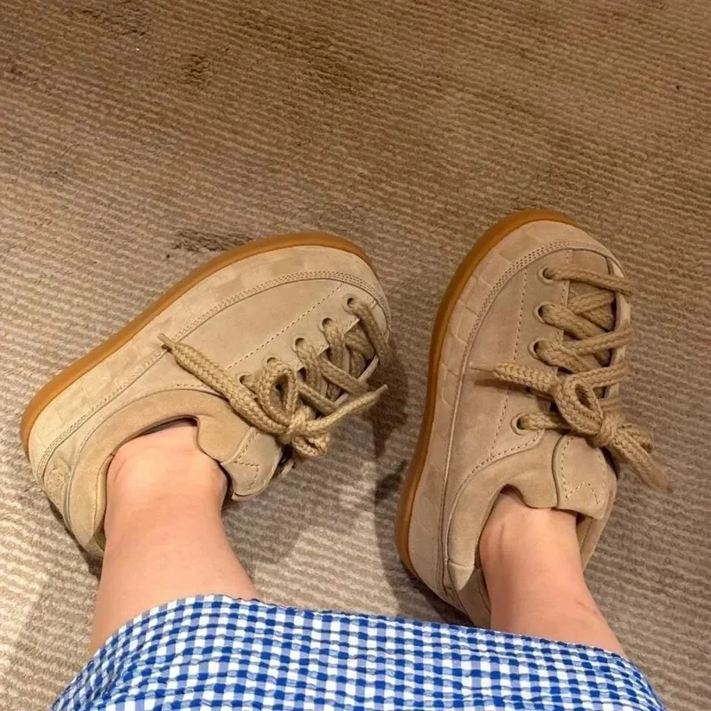 2026 Women's Genuine Suede Platform Sneakers Thick Sole Round Toe Casual Walking Shoes Height Increasing Fashion Bread Shoes