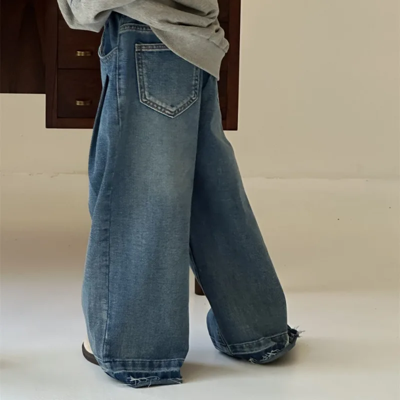 2024 Autumn New Kids Baby Clothes solid color denim Wide Leg Pants Girls casual loose straight jeans