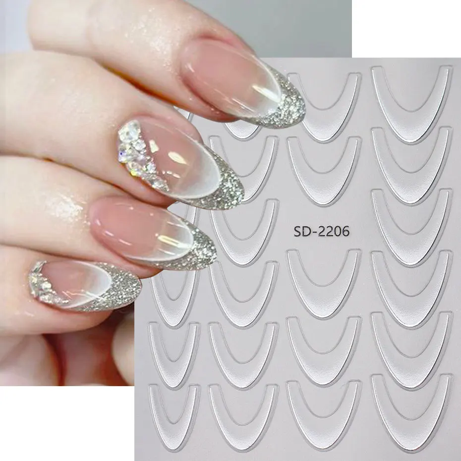 2/4pcs Gradient French Nail Decals Brozing Gold Silver Curved Striped Design Glitter Sticker 3D Dreamy Crescent Manicure Slider