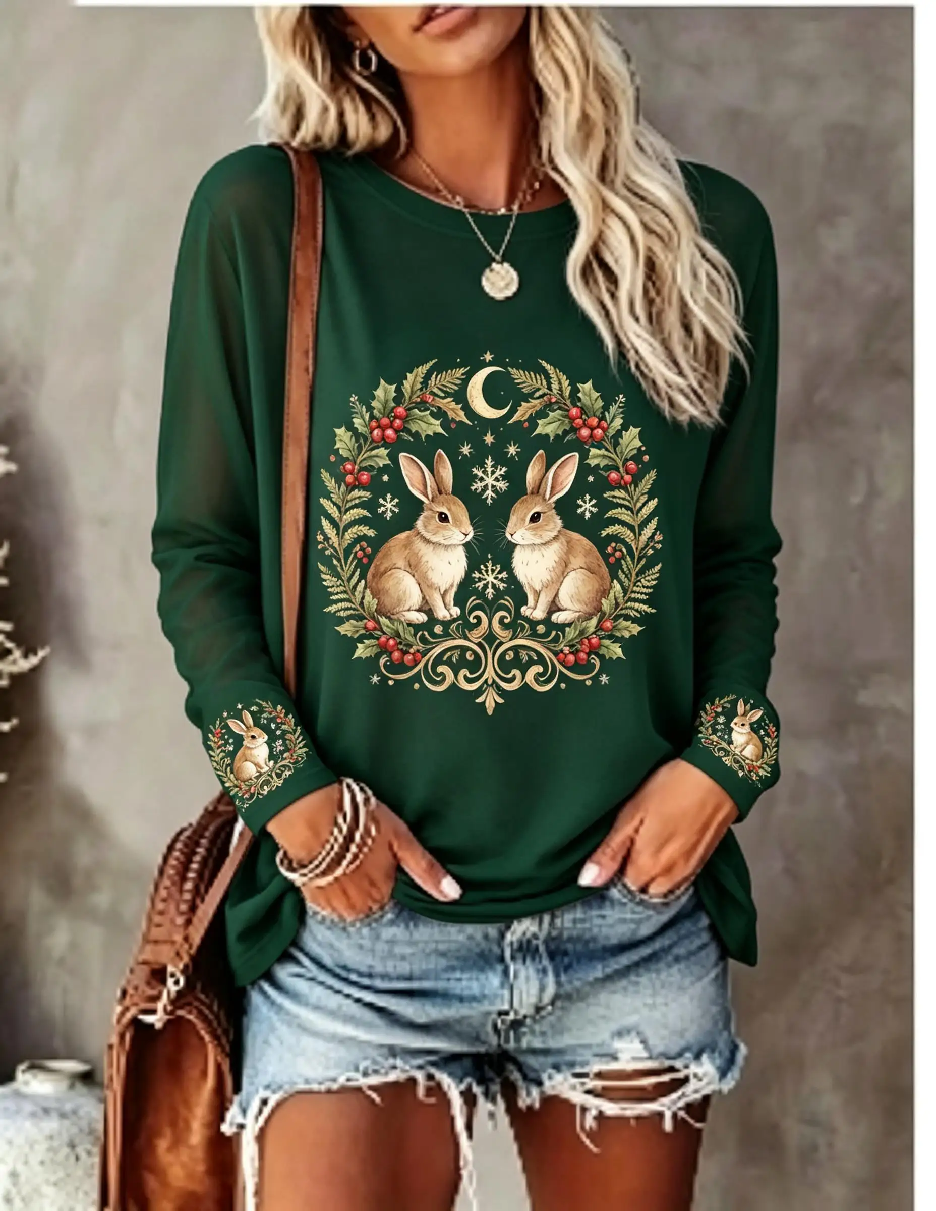 Women Long Sleeve T‑Shirt Christmas Vintage Witchy Holly Berry Mushroom Moon Snowflake Print Crew Neck Casual Winter Tops
