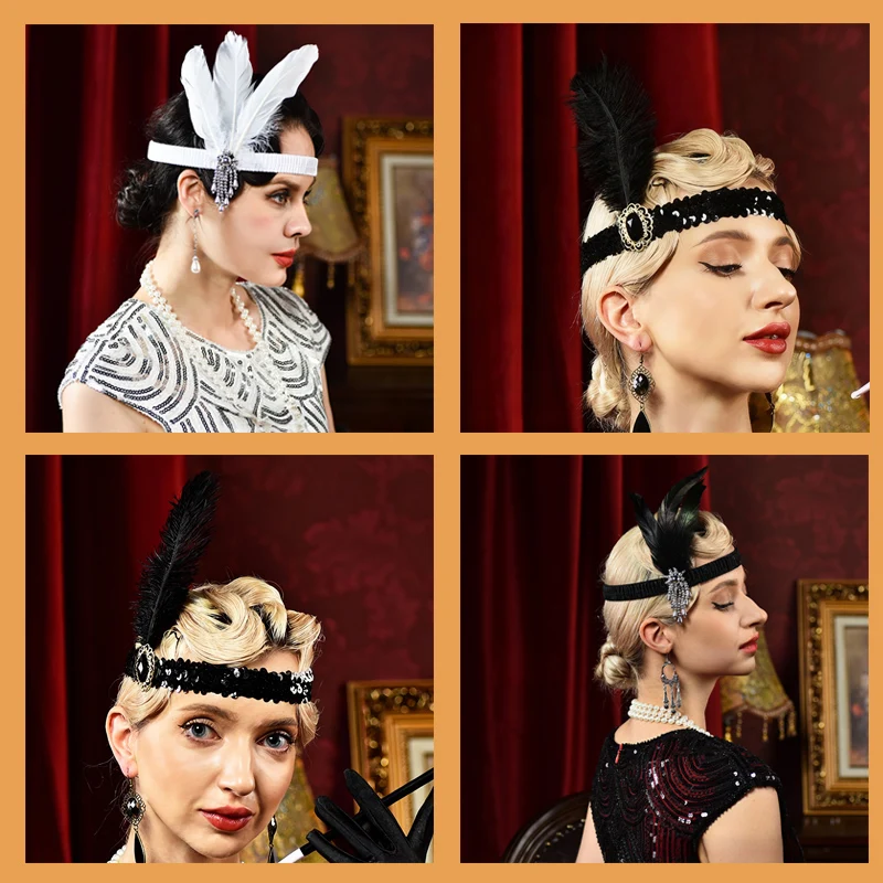 6-48PCS 1920s Flapper Headband Gatsby Accessories for Women Feather Headpieces Hair Accessories for 20s Theme Party Carnival view 4