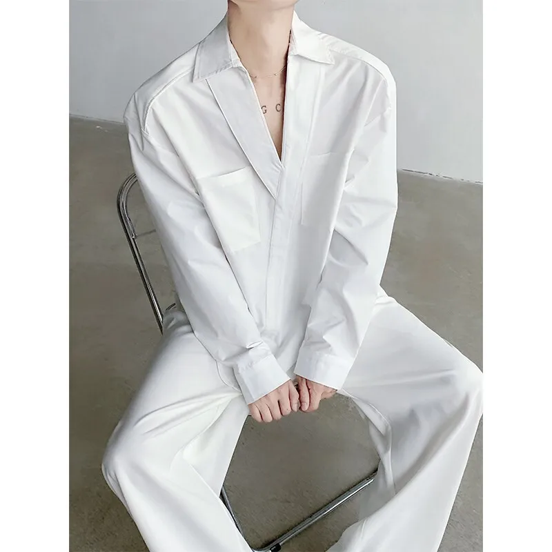 Korean Stylish V-neck Chic Button Blouses Front Pocket Harajuku Men\'s Solid Long Sleeve Turn-down Collar Shirt White/Black