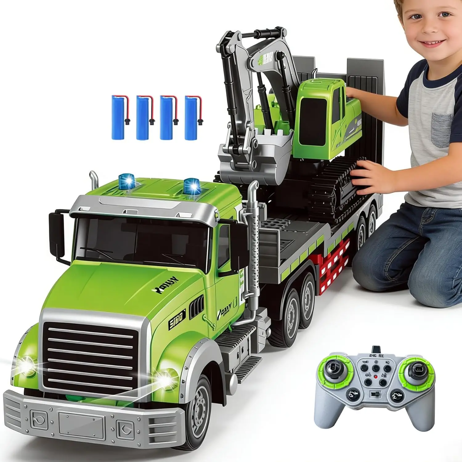 

11-Channel RC Semi Truck and Excavator Toy Set, 1:12 Scale Remote Control Flatbed Truck with Trailer, Sound and Lights Engineering Vehicle, Alloy Bucket Excavator, Great Gift for Boys Kids