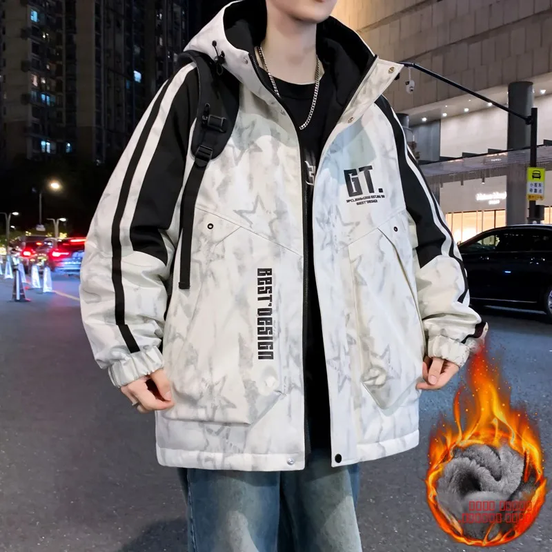 

Men's Fce Lined Jaet Long Sve Youth Faionable Casual Hooded Zipper Autumn Winter Top Versatile Comfortable Polyeste...