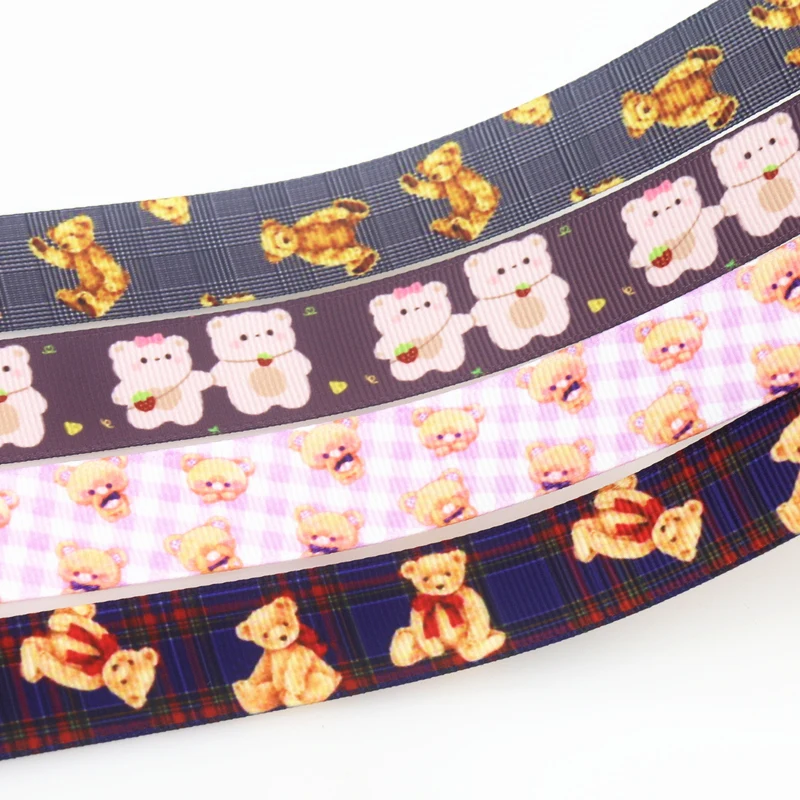 DHK 50yards Kawaii Bear Printed Grosgrain Ribbon Accessories Material Headwear Decoration DIY Sewing Craft S2040