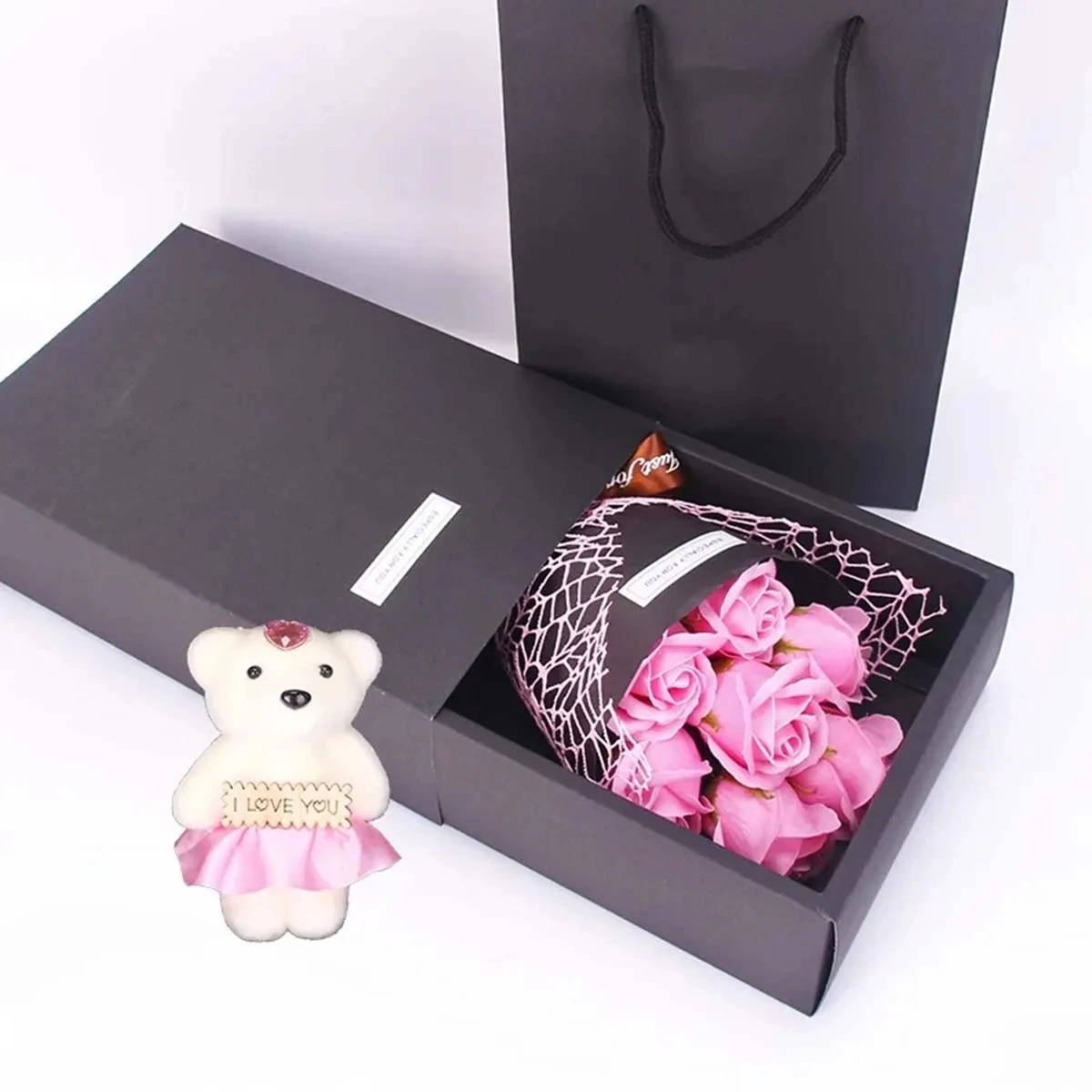 Valentine\'s Day Artificial Flowers 7 Rose Soap Bouquet Gift Box Teddy Bear Flower Creative Valentine\'s Day Gift Home Decor