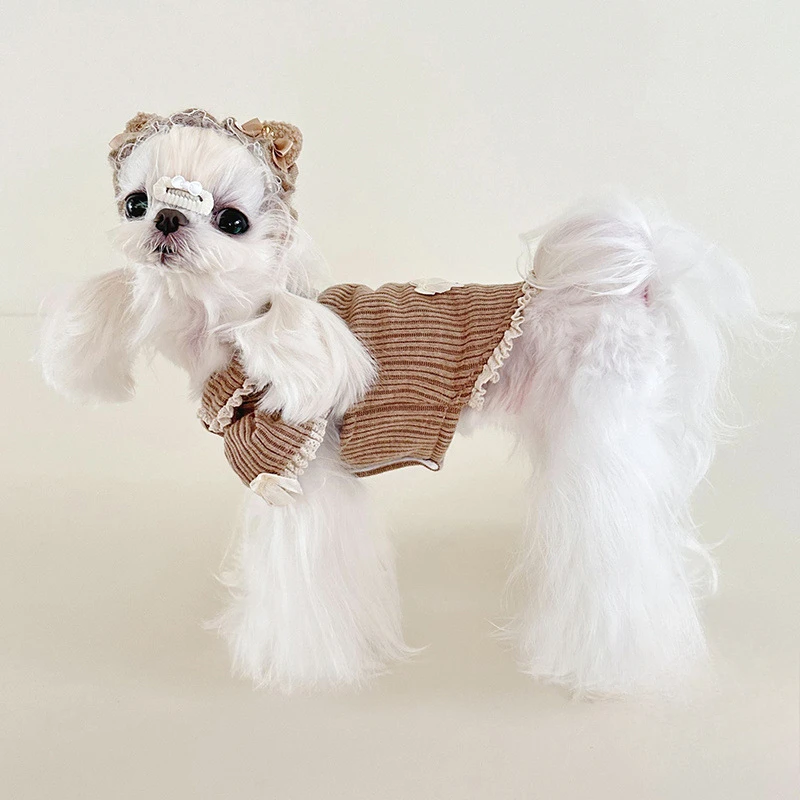 Pet Corduroy Striped Base Shirt with Autumn and Winter Velvet Clothes Doll Collar Bubble Half Sleeved Lace Hoodie Puppy Clothes