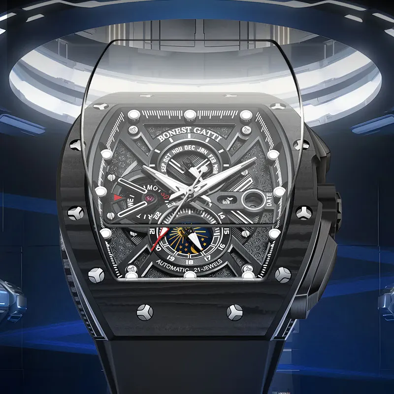 BONEST GATTI BG9007 Men Automatic Watch Tonneau Mechanical Wristwatch Sapphire Luminous Carbon Fiber Month Week Date 24 Hours