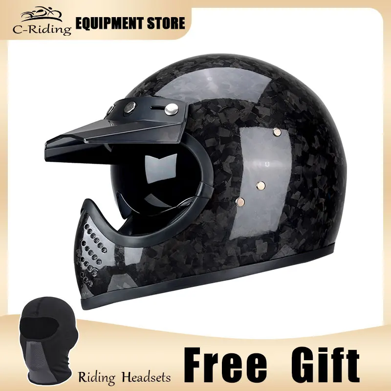 

12K Carbon Fiber Retro Full-face Helmet Four Seasons Light Off-road Helmet Motorcycle Helmet Casco De Moto Accesorios Moto