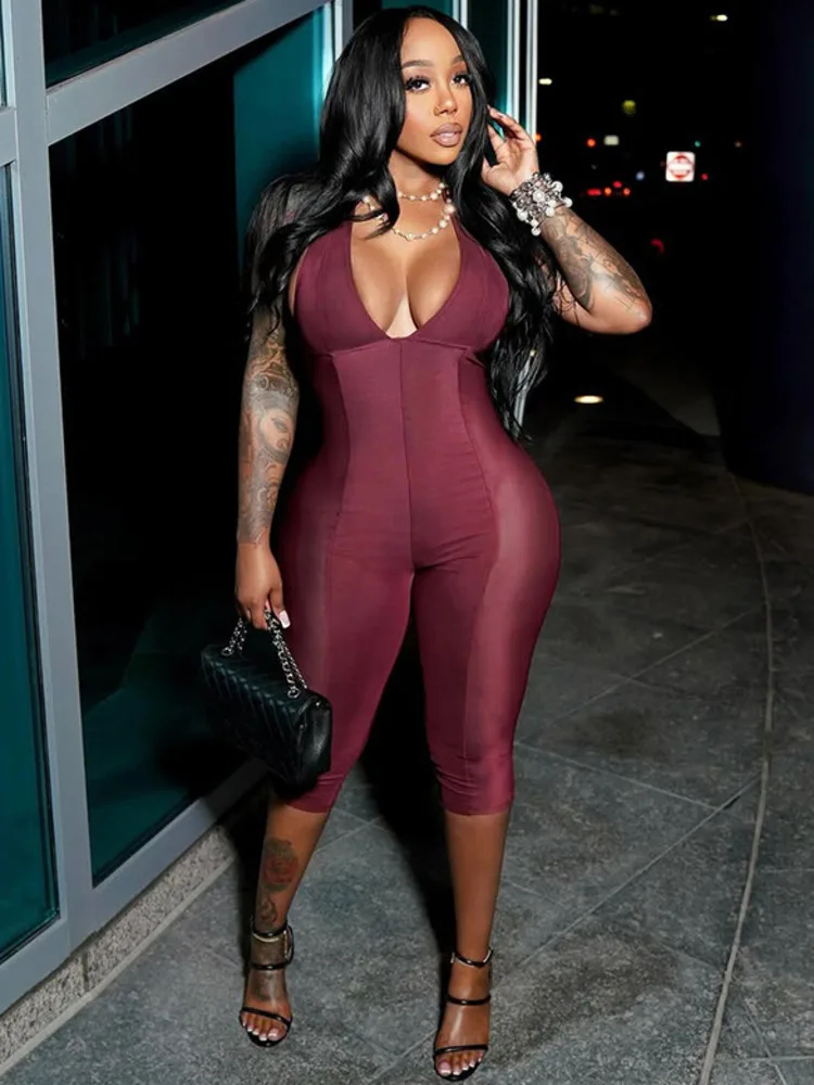 

Sibybo Low Chest Sheer Mesh Patchwork Women Jumpsuit Sexy Halter Backless High Stretch Skinny One Piece Outfits Summer Partywear