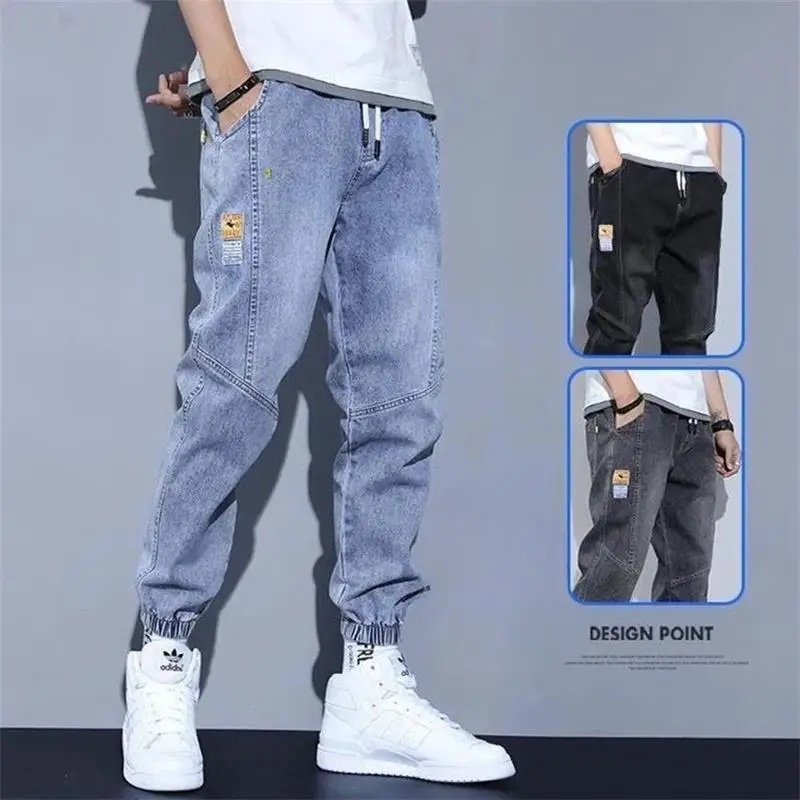 

Casual Youth Men's Denim Jeans Spring Autumn Dstring Elastic Waist Nine Points Leisure Pants Young Workwear Trousers