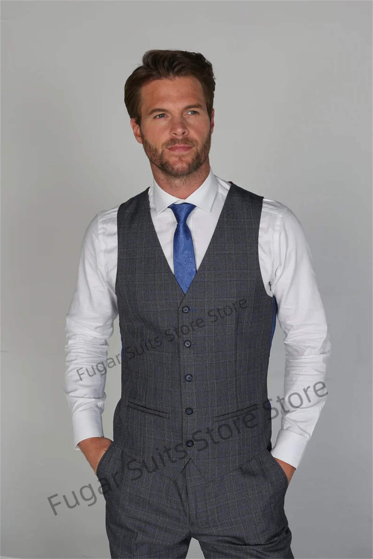 Business Navy Blue Plaid Elegant Men Suits Slim Fit Peak Lapel Groom Tuxedos Luxuly 3 Pieces(Blazer+Vest+Pants)Costume Homme