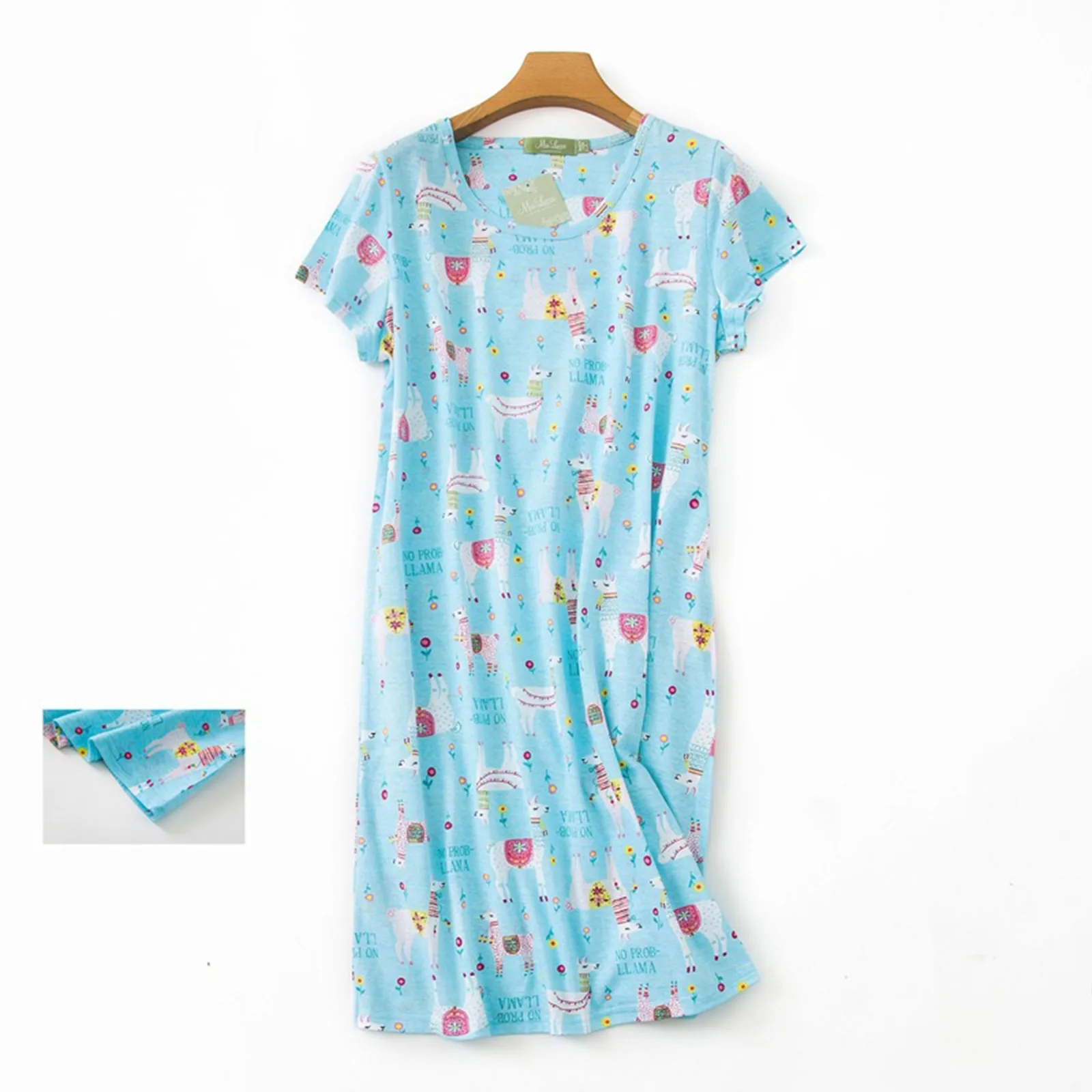 Printing Mid-length Nightdress Knitted Sweet Short-sleeved Round Neck Nightgown Women's Cute Cartoon Cotton Home Clothes