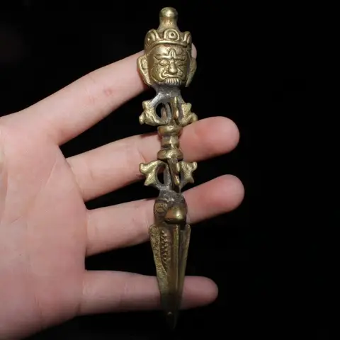 Collectible Tibet Old Bronze Carved Vajra Jiang Mochu Sculpture Antique Vajra Horse Head Sword Statue Home Decor Art Collection