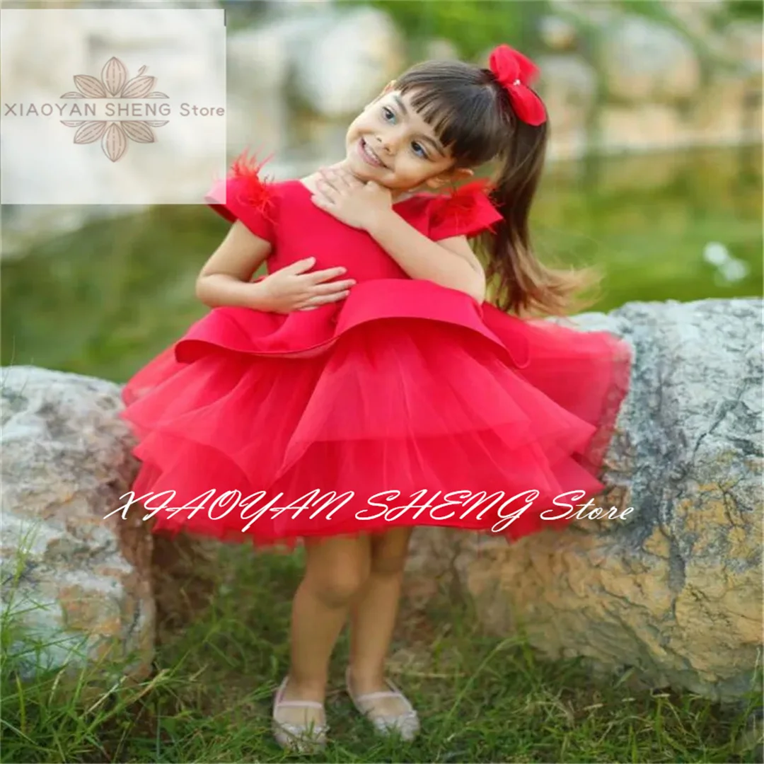 Red Satin Tulle Flower Girl Dresses Puffy Feather With Bow Knee Length Kids Birthday Party Dresses First Communion Ball Gowns