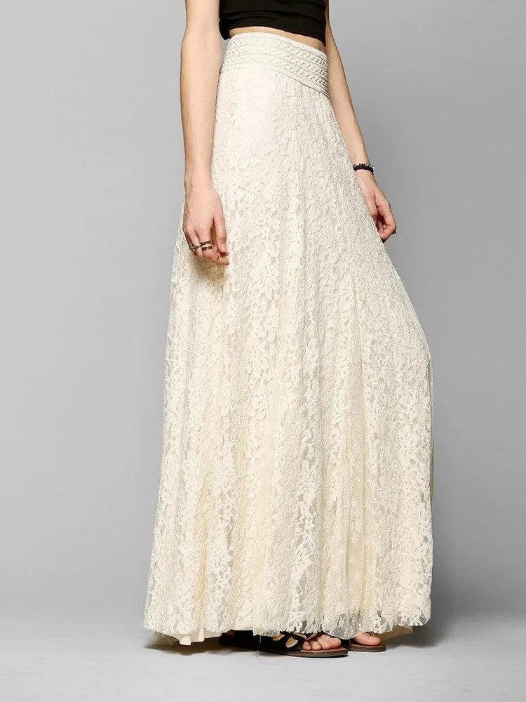 Elegant Solid Color Skirt For Women Fashion Spring Hollow Lace High Waist Drawstring Wide Umbrella Skirt Long Skirt For Women