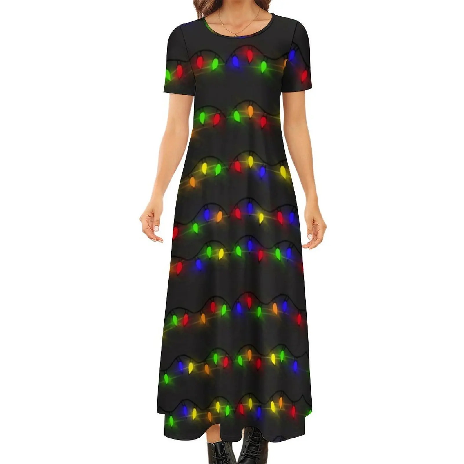 

Christmas Lights Dress Colorful Print Kawaii Maxi Dress Short Sleeve Aesthetic Bohemia Long Dresses Women Oversized Vestido