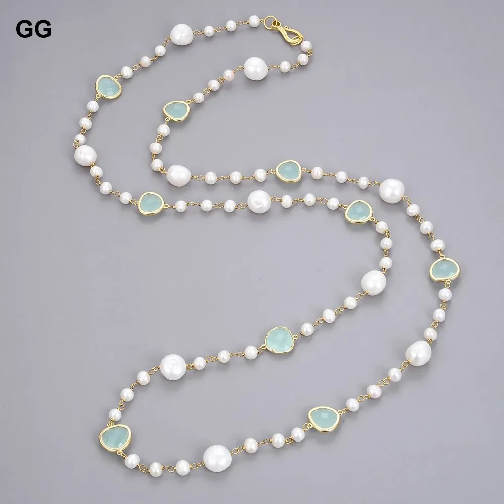 

GG 44" Natural White Baroque Keshi Pearl Blue Crystal Gold Plated Chain Long Necklace