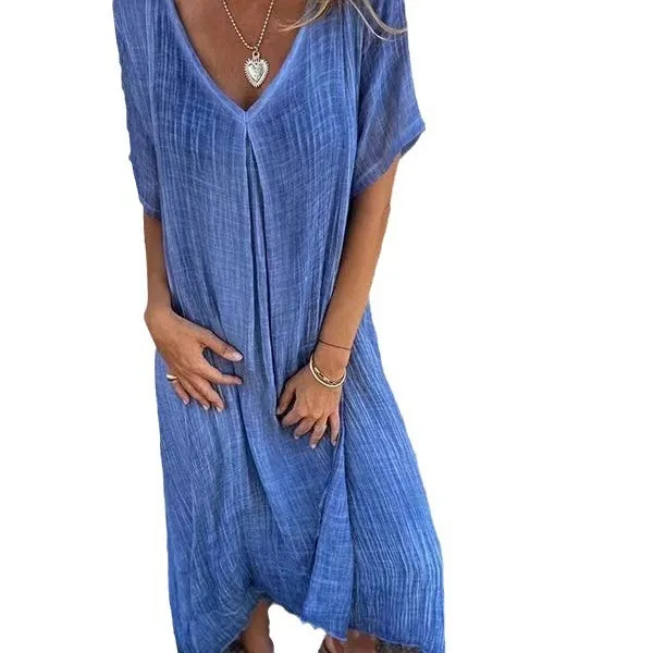 2025 New Fashion Spliced ​​V-neck Dress For Women Summer Casual Loose Solid Color Dresses For Women Vacation Long Skirt