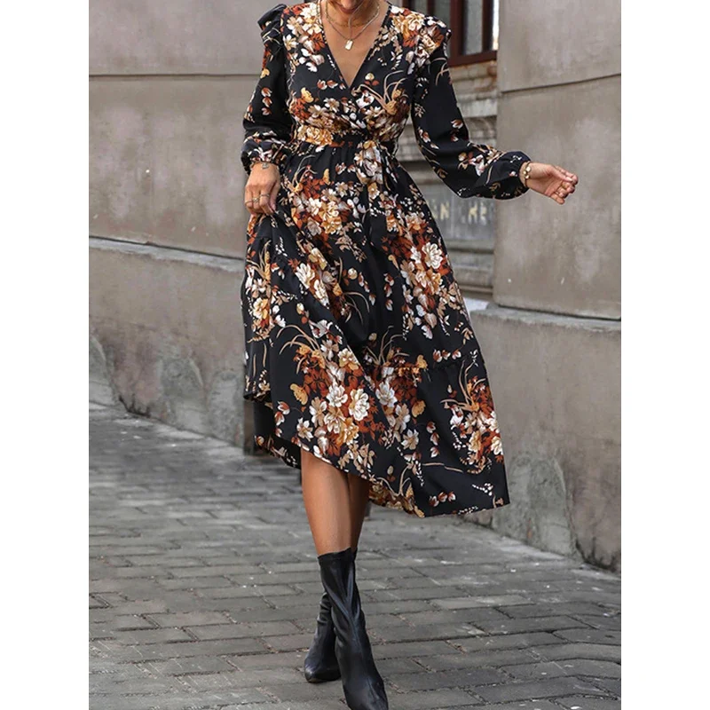 Tinaa-Robe Mi-Longue Plissée à Manches Bouffantes et Col en V pour Femme, Tenue Fendue à la Taille, Imprimé Floral, Mode Automne 2024