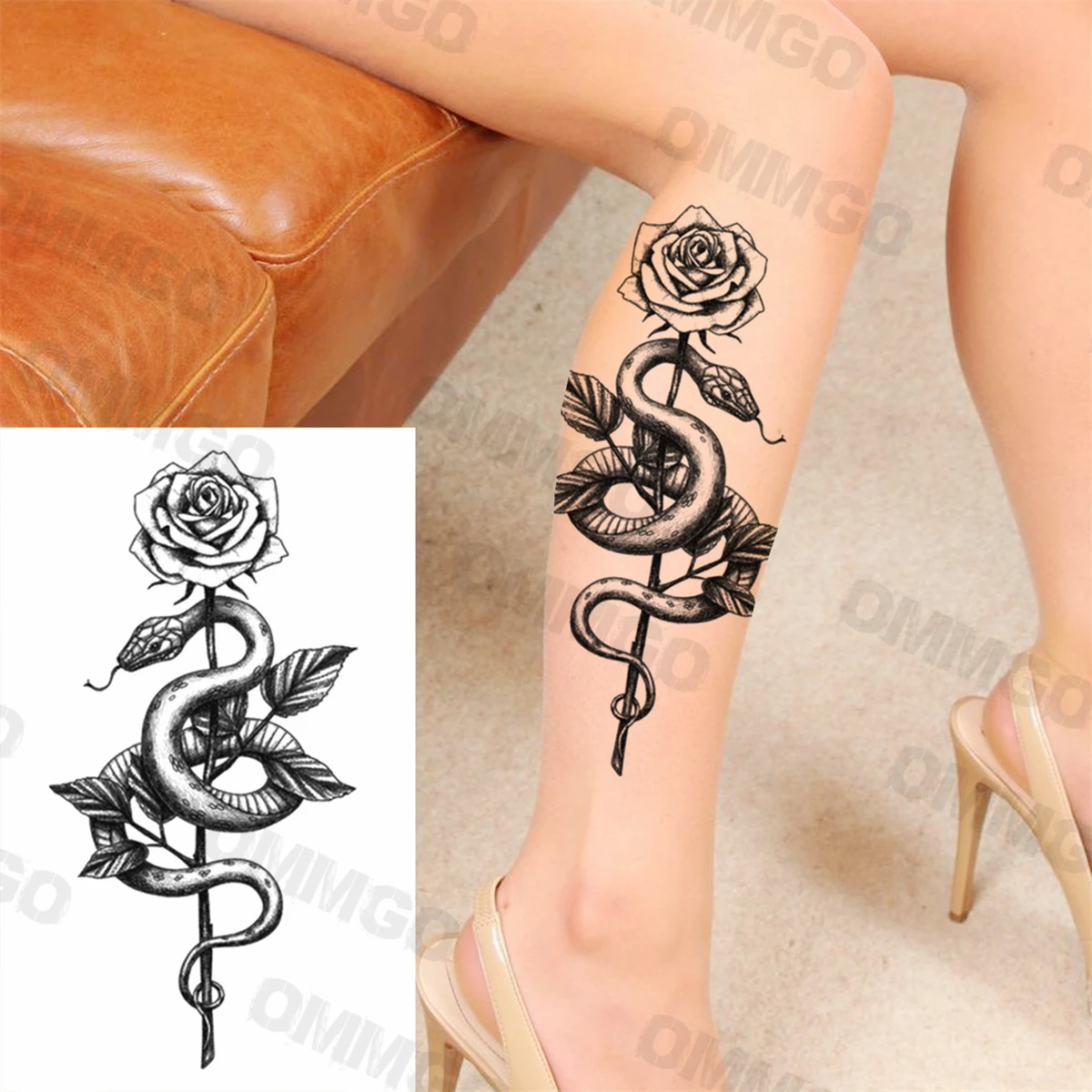 Tatuaggi temporanei posteriori Sexy del serpente del fiore della rosa nera per le donne ragazza adulta peonia loto tatuaggio finto braccio polpaccio decalcomania impermeabile del tatuaggio