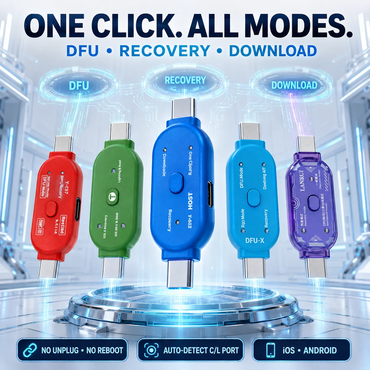 DFU Recovery Mode Adapter One Button Auto Detection C/L Port Restart Download Tool for iOS Android Mobile Repair