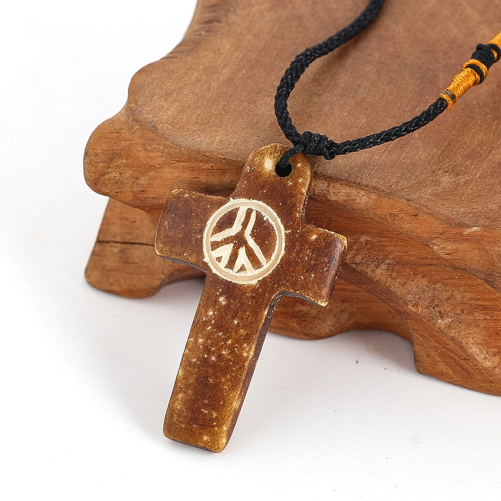 Natürliche Rindfleisch Knochen Kreuz Anhänger Halskette Frieden Symbol Glück Amulett Charms Seil Kette glück verheißen den Schmuck Geschenk für Frauen Männer – Detail 5