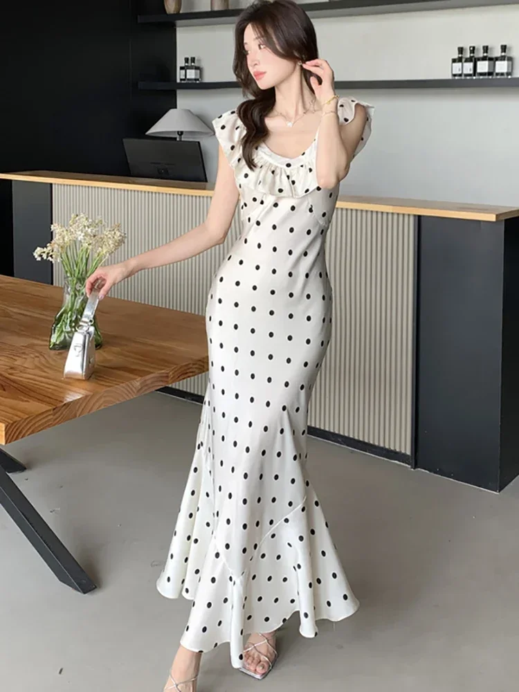 Summer White Polka Dot Ruffled V-Neck Sexy Long Dress Women Elegant Luxury Mermaid Dress 2024 Korean Fashion Bodycon Party Dress