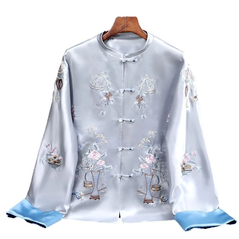 New Chinese Style Women's Jacket Round Neck Buckle Luxury Heavy Workmanship Flower Embroidered Ethnic Top Spring Autumn Coat