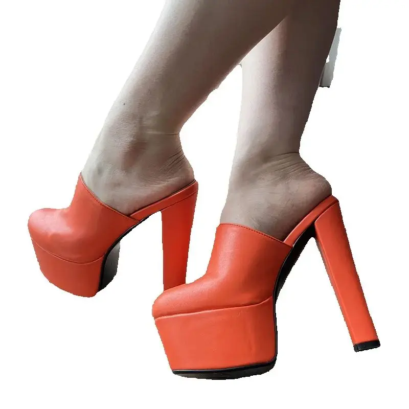 

Ronticool/женские туфли-лодочки ручной работы на платформе с открытой пяткой, красивые оранжевые туфли для вечеринок на блочном каблуке с круглым носком, размер США, большие размеры 5-15