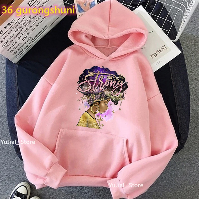 

Glitter She Is Strong Black Girls Magic Graphic Print Cap Hoodie Watercolor Melanin Sweasthirt White/Pink/Gray Hoody Femme