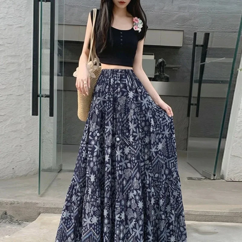 Floral Cotton Linen Maxi Skirt, Women High Waist A Line, Irregular Big Swing Loose Plus, Size Spring Summer Boho Long, Skirts