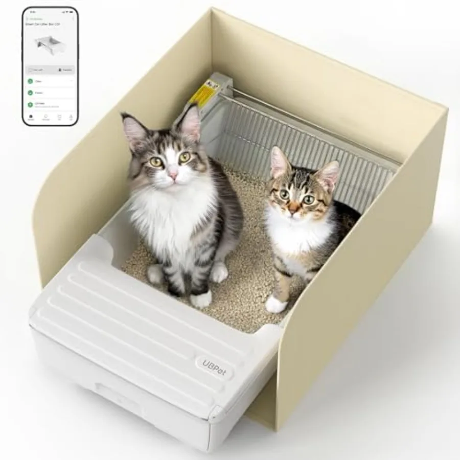 

Автоматический самоочищающийся лоток для кошек с открытым верхом, управлением через приложение, датчиком безопасности, двойным граблями, контролем запаха, большой вместимостью для нескольких кошек