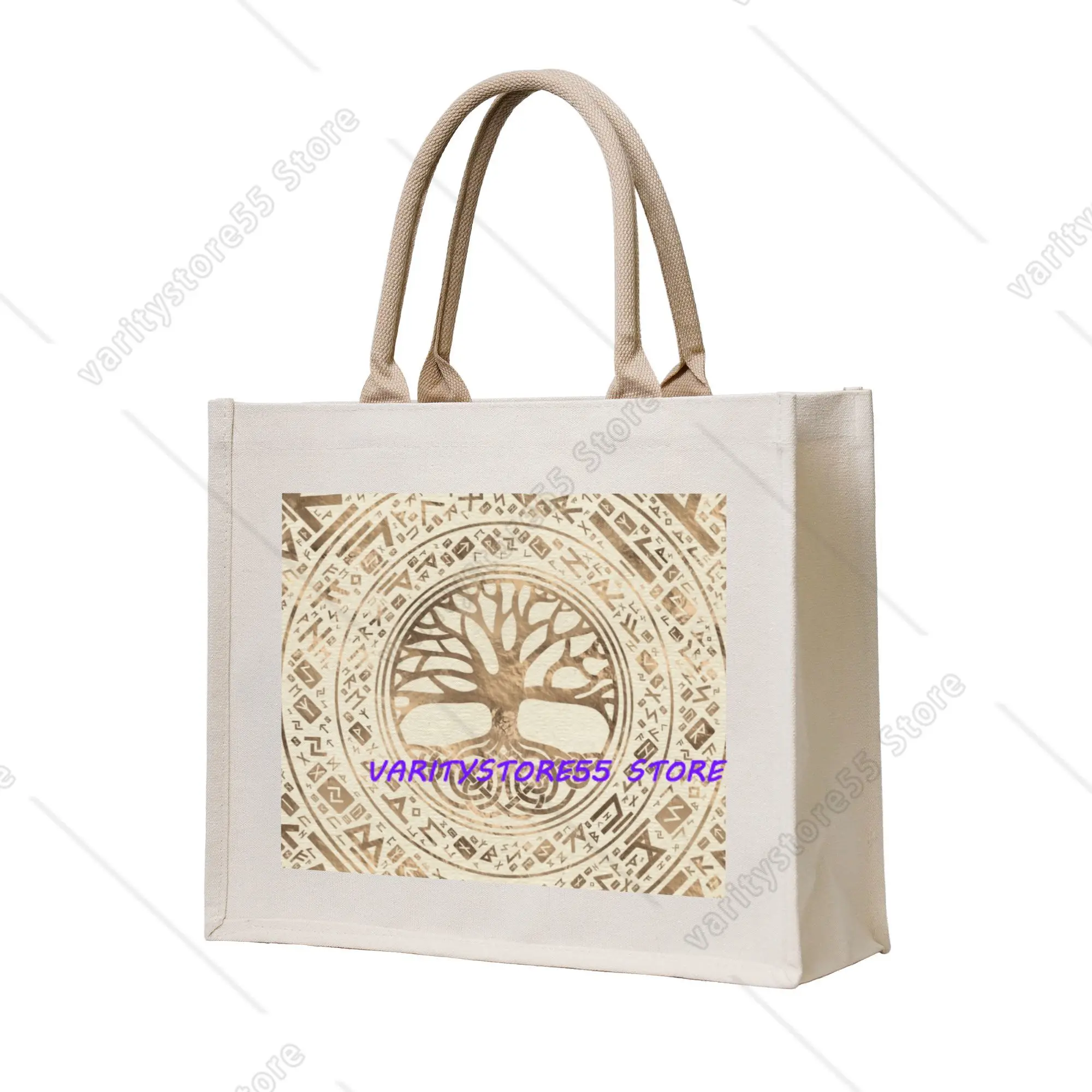 Fashion Tree of Life Yggdrasil Runic Pattern Shopping Tote Bags Portable Vikings Grocery Shoulder Shopper Bag