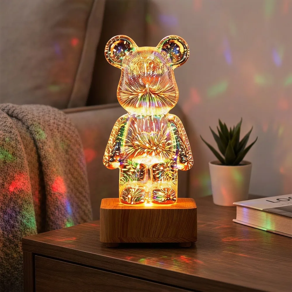 LED Glass Bear Figure Aesthetic 3D Firework Projector Lamp Statue Color Changeable Bear Figurine Sculpture Bedroom Decoration