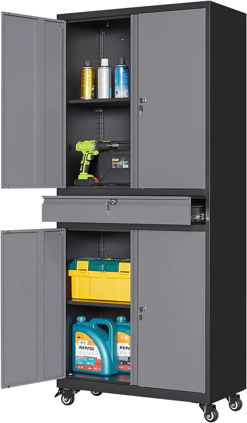 

Metal Garage Storage Cabinet with Locking Doors and Adjustable Shelves, -73" Steel Rolling Tool Storage Cabinet